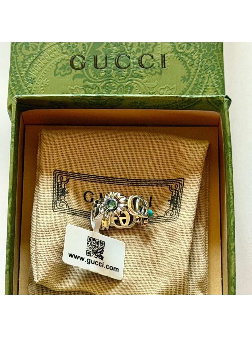 Gucci Garden Silver Ring Green Stone Turquoise Resin Flower Band Size 6 Gucci